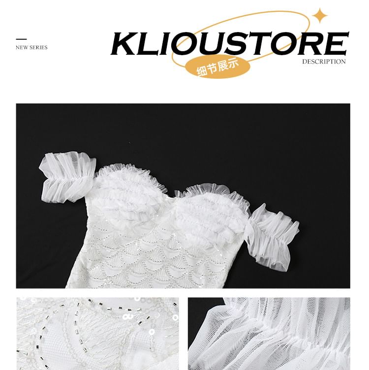 Off-Shoulder Sequin Lace Top and Ruffle Mesh Skirt Set - Altfashion Shop
