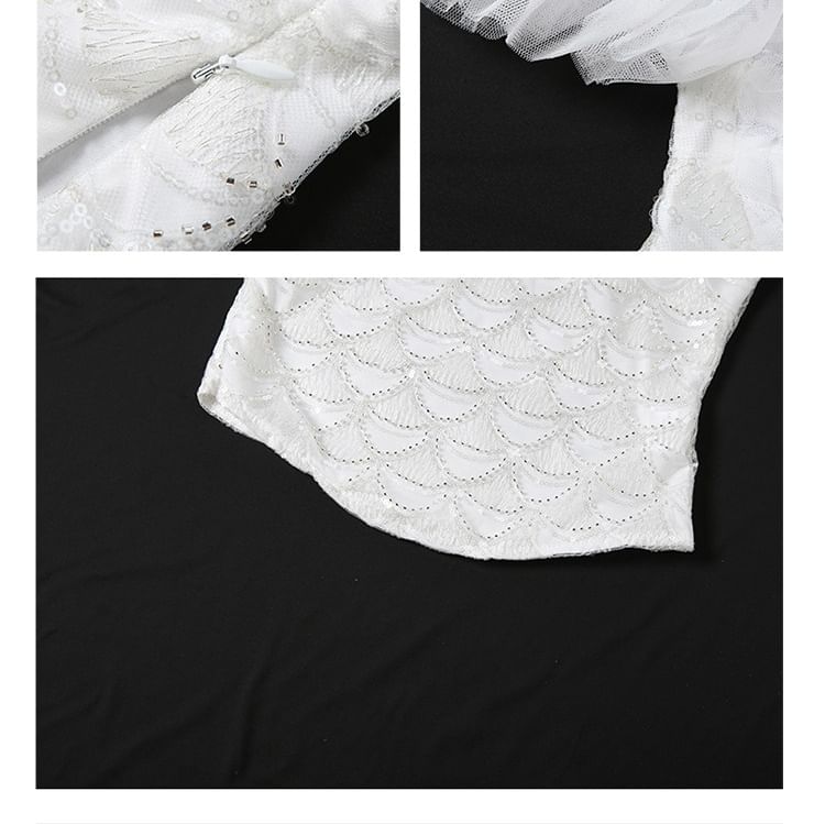 Off-Shoulder Sequin Lace Top and Ruffle Mesh Skirt Set - Altfashion Shop