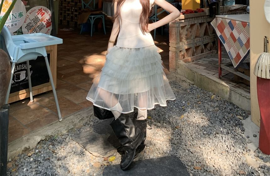 Knit Top and Overlay A-Line Skirt Set - Altfashion Shop