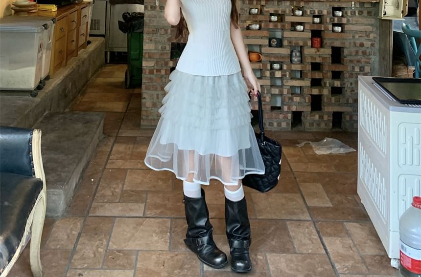Knit Top and Overlay A-Line Skirt Set - Altfashion Shop