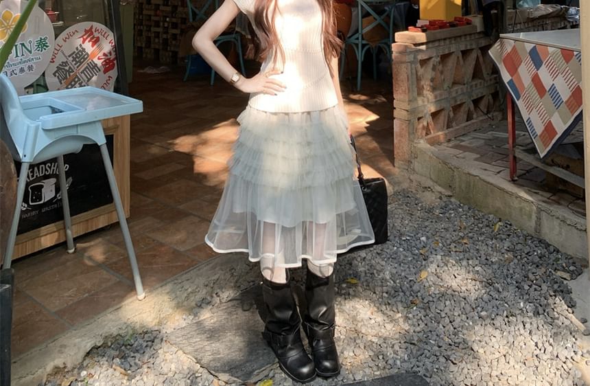 Knit Top and Overlay A-Line Skirt Set - Altfashion Shop