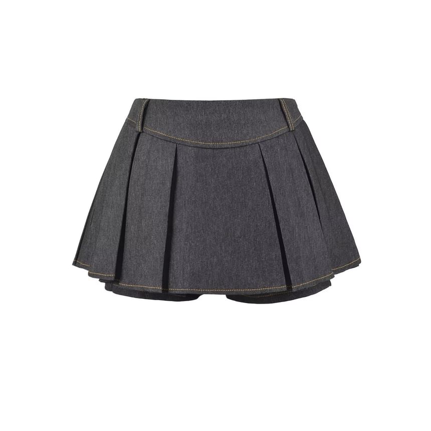 Low Waist Washed Mini Pleated Denim Skirt