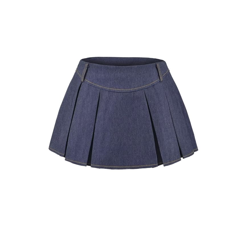 Low Waist Washed Mini Pleated Denim Skirt