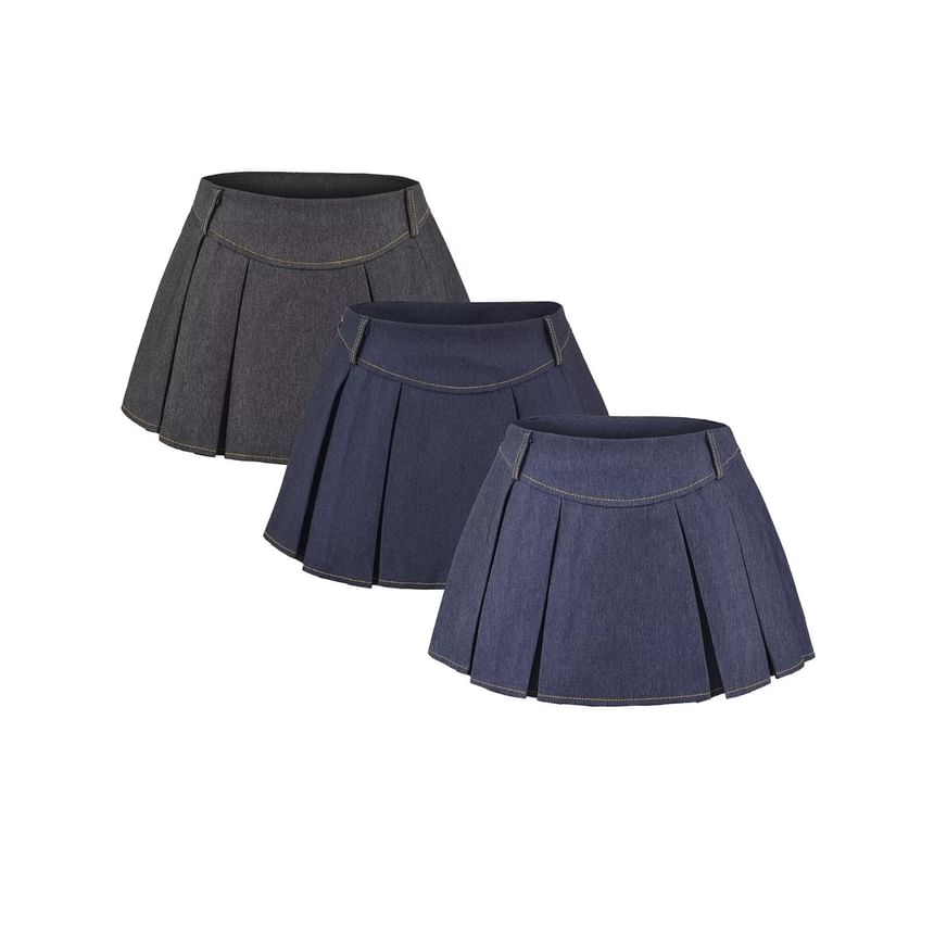 Low Waist Washed Mini Pleated Denim Skirt