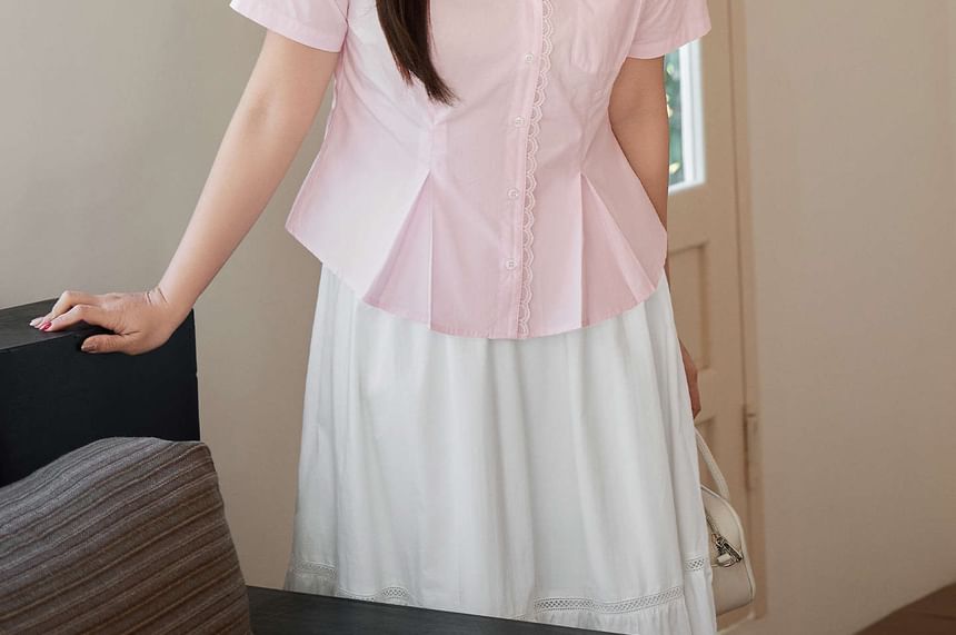 Lace Trim Collared Button Shirt - Plus Size