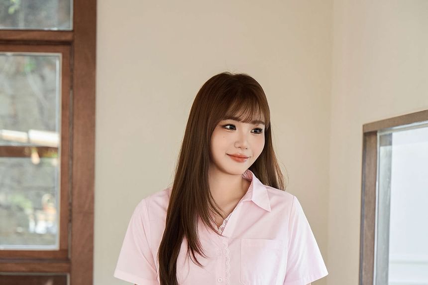 Lace Trim Collared Button Shirt - Plus Size
