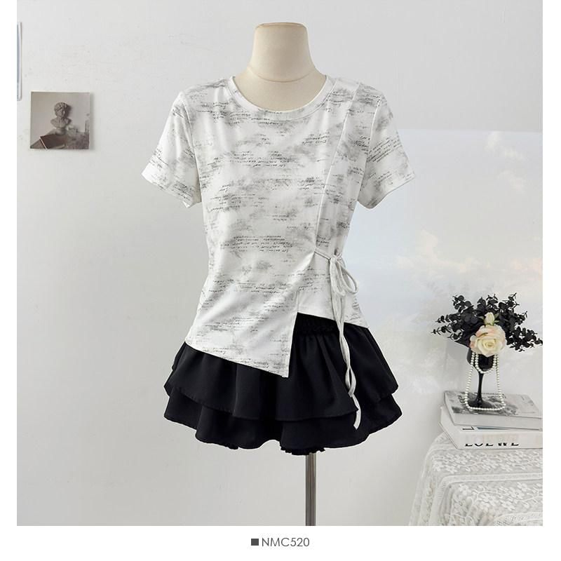 Tie Waist Tie-Dye Round Neck Tee - Short Sleeve