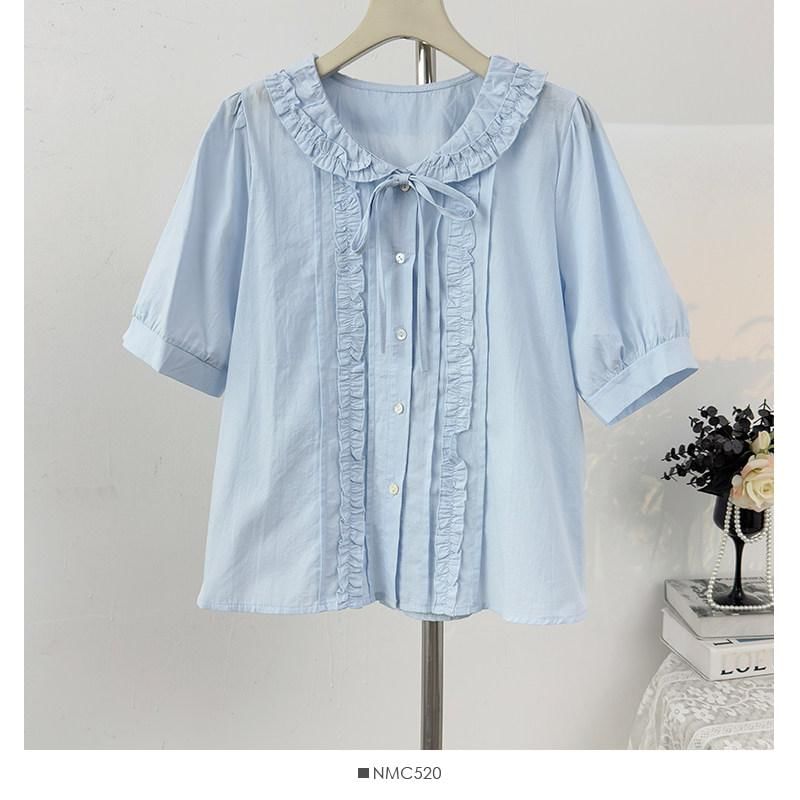Collared Ruffle Front Button-Up Shirt - Short Sleeve