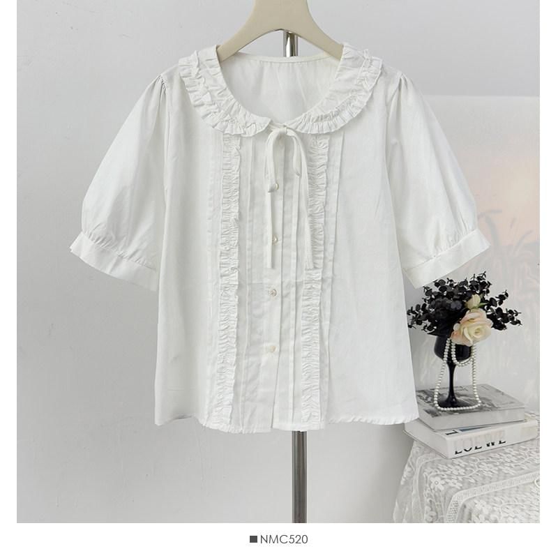 Collared Ruffle Front Button-Up Shirt - Short Sleeve