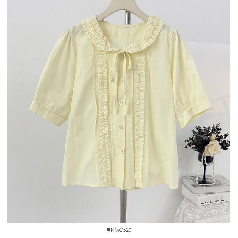 Collared Ruffle Front Button-Up Shirt - Short Sleeve