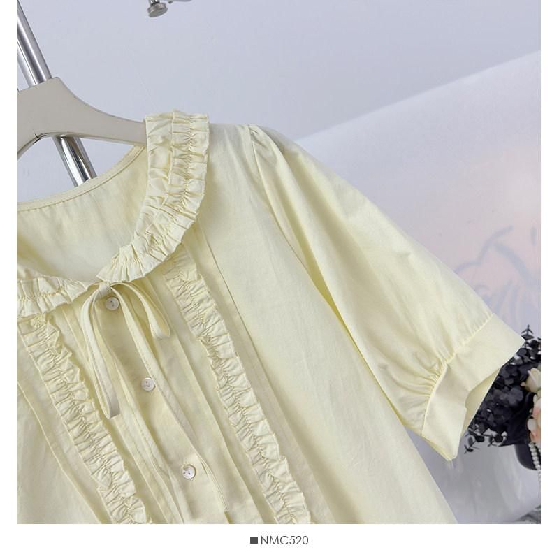 Collared Ruffle Front Button-Up Shirt - Short Sleeve