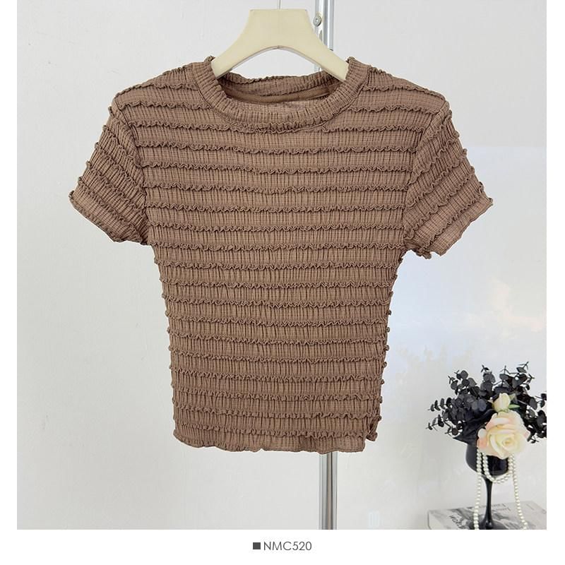 Ruffle Accent Crew Neck Top - Short Sleeve