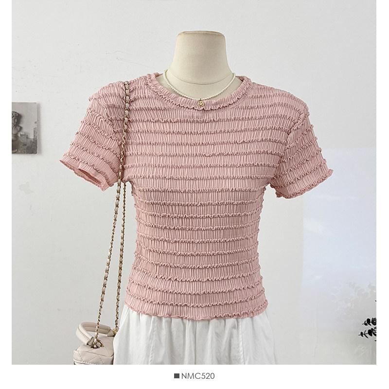 Ruffle Accent Crew Neck Top - Short Sleeve