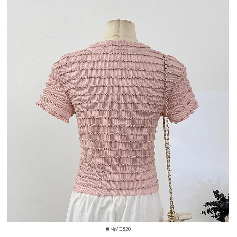 Ruffle Accent Crew Neck Top - Short Sleeve