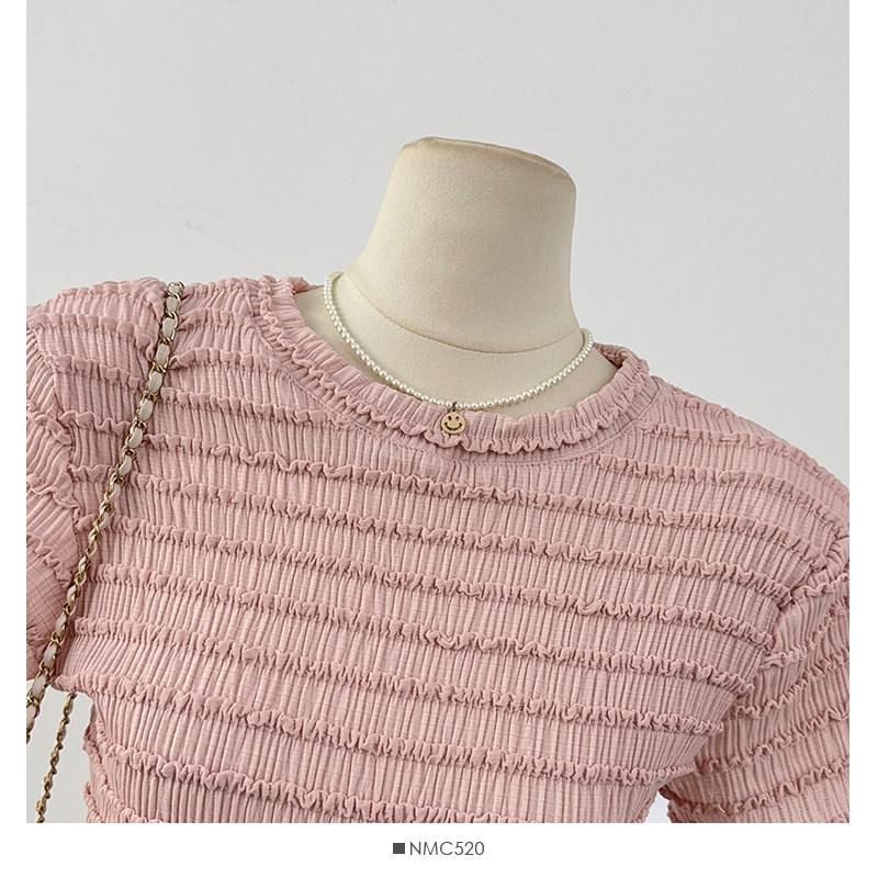 Ruffle Accent Crew Neck Top - Short Sleeve