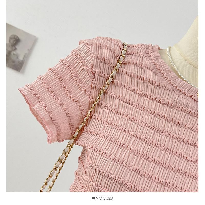 Ruffle Accent Crew Neck Top - Short Sleeve