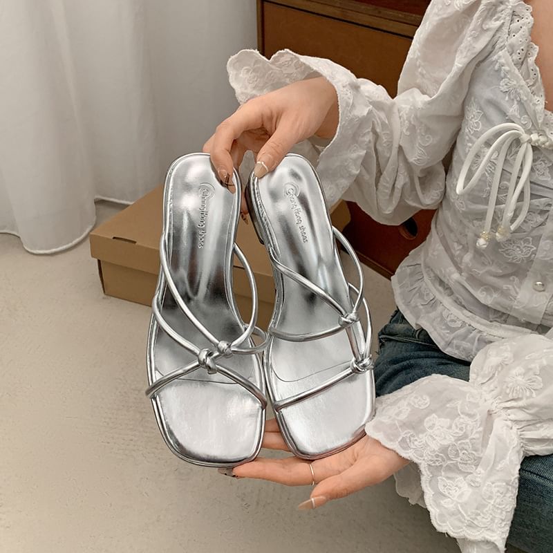 Low Heel Strappy Knot Faux Leather Slide Sandals