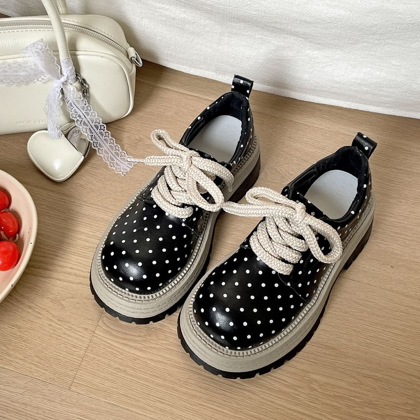 Polka Dot Platform Faux Leather Lace Up Shoes