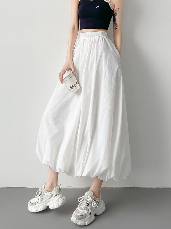 Elastic Waist Midi A-Line Skirt - Altfashion Shop