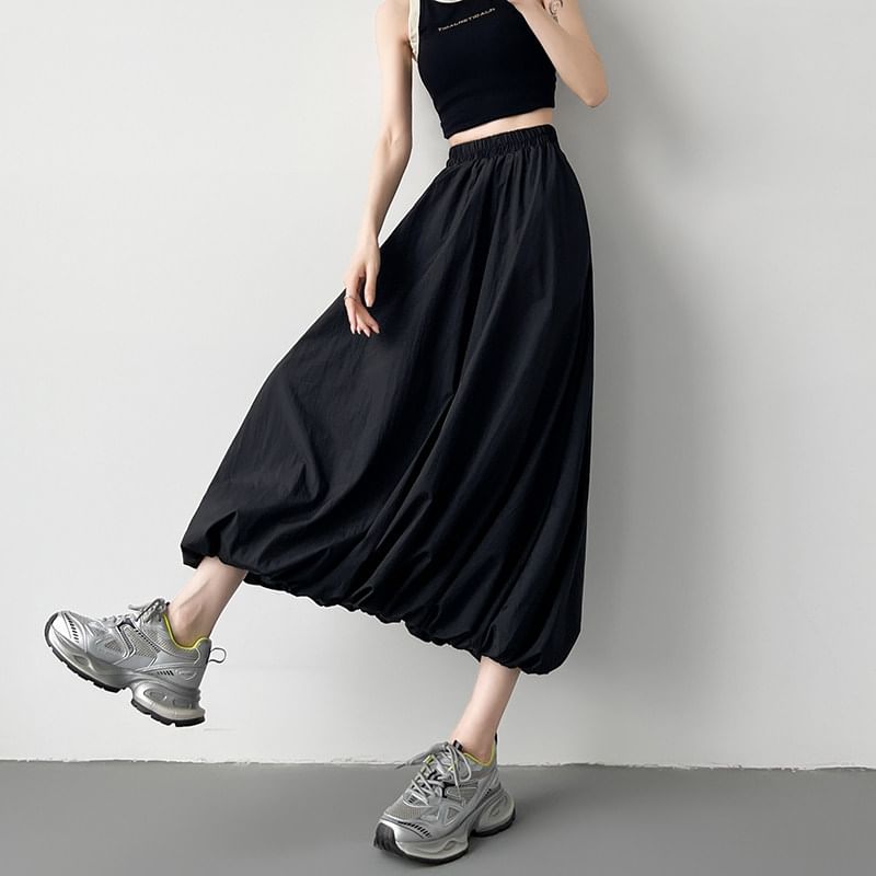 Elastic Waist Midi A-Line Skirt - Altfashion Shop