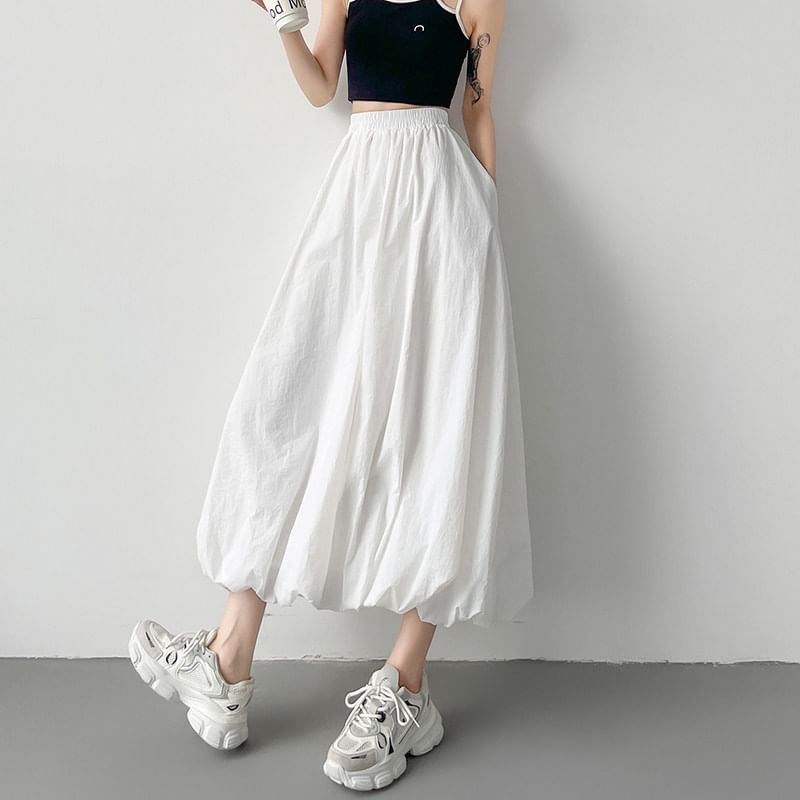Elastic Waist Midi A-Line Skirt - Altfashion Shop