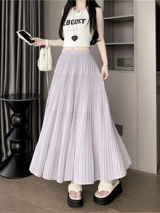 Pleated Maxi Skirt with Elastic Waist - Altfashion Shop