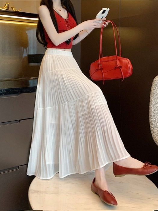 Pleated Maxi Skirt with Elastic Waist - Altfashion Shop