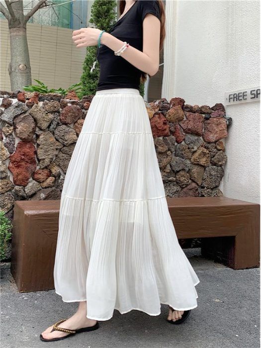 Pleated Maxi Skirt with Elastic Waist - Altfashion Shop