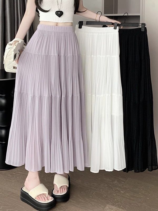 Pleated Maxi Skirt with Elastic Waist - Altfashion Shop