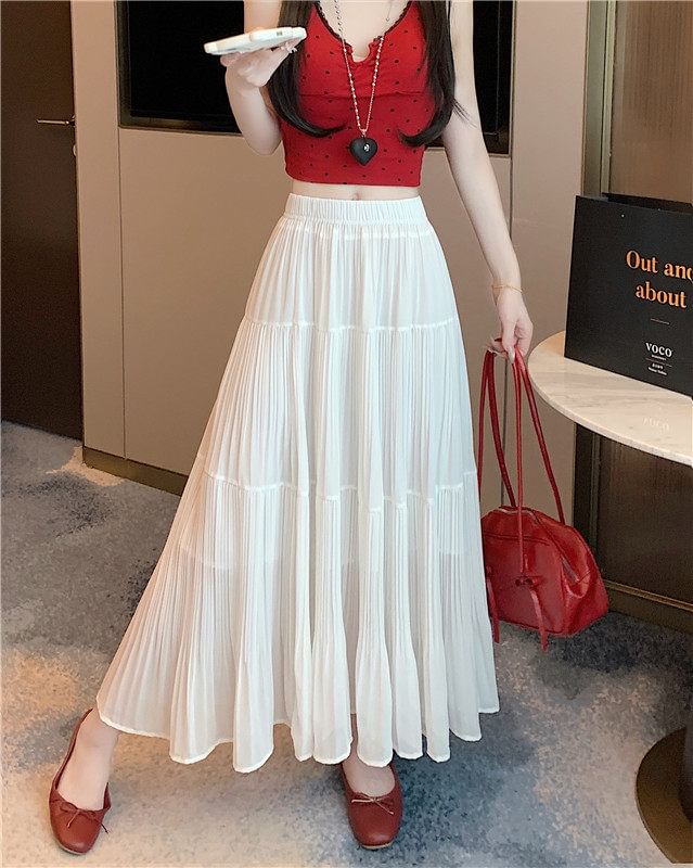 Pleated Maxi Skirt with Elastic Waist - Altfashion Shop