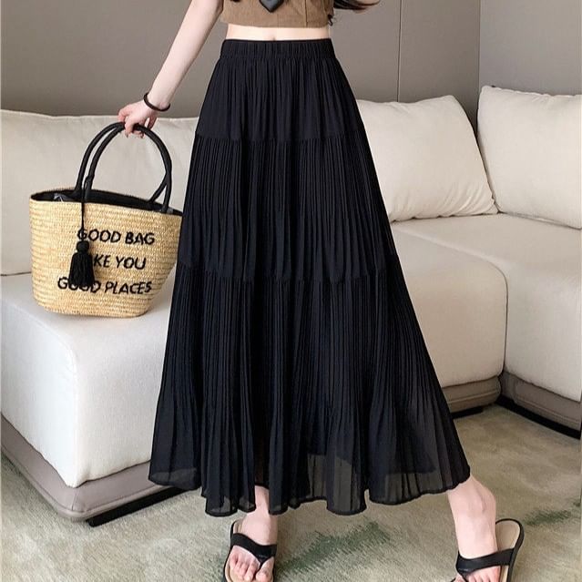 Pleated Maxi Skirt with Elastic Waist - Altfashion Shop