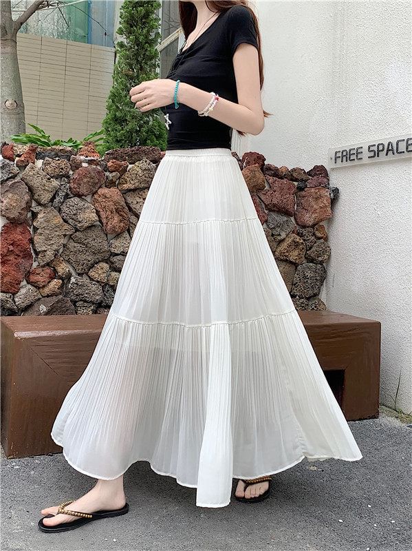 Pleated Maxi Skirt with Elastic Waist - Altfashion Shop