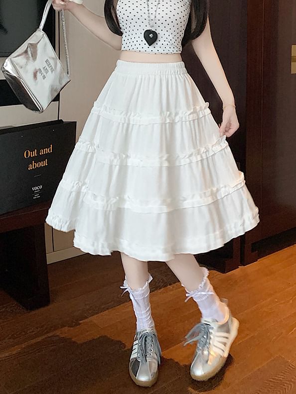 High-Waist Ruffle Trim A-Line Skirt - Altfashion Shop