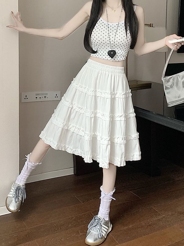 High-Waist Ruffle Trim A-Line Skirt - Altfashion Shop