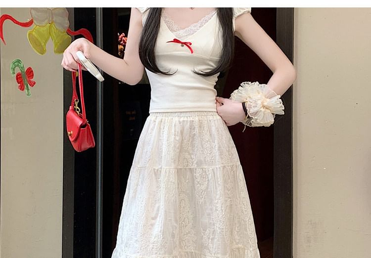 Lace Trim Maxi A-Line Skirt with Mid Rise - Altfashion Shop