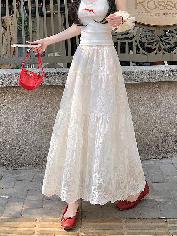Lace Trim Maxi A-Line Skirt with Mid Rise - Altfashion Shop