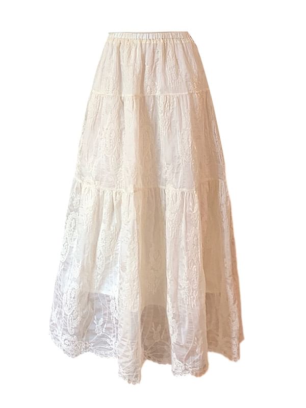 Lace Trim Maxi A-Line Skirt with Mid Rise - Altfashion Shop