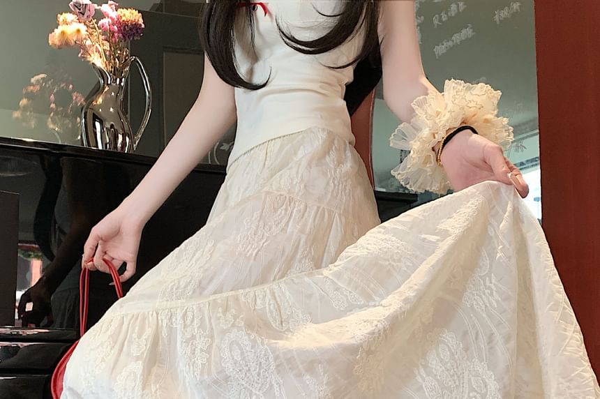 Lace Trim Maxi A-Line Skirt with Mid Rise - Altfashion Shop