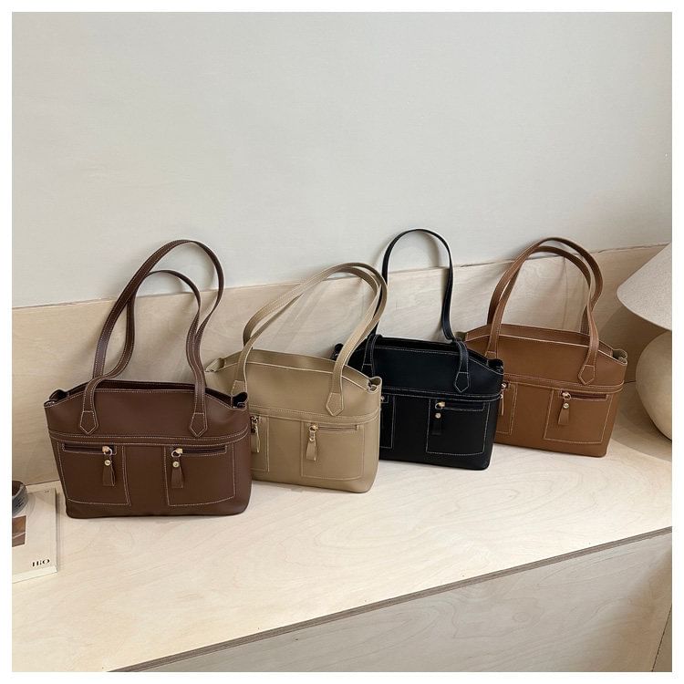 Faux Leather Contrast Stitched Shoulder Bag