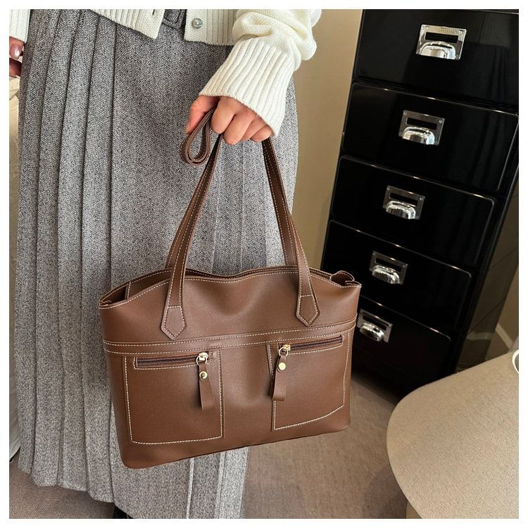 Faux Leather Contrast Stitched Shoulder Bag