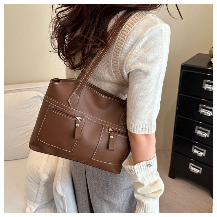 Faux Leather Contrast Stitched Shoulder Bag