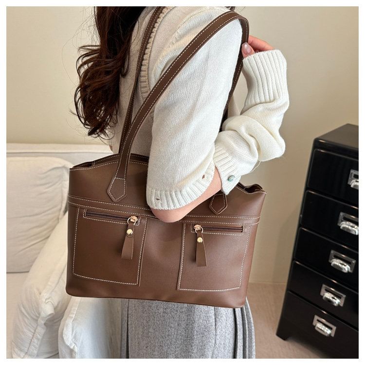 Faux Leather Contrast Stitched Shoulder Bag