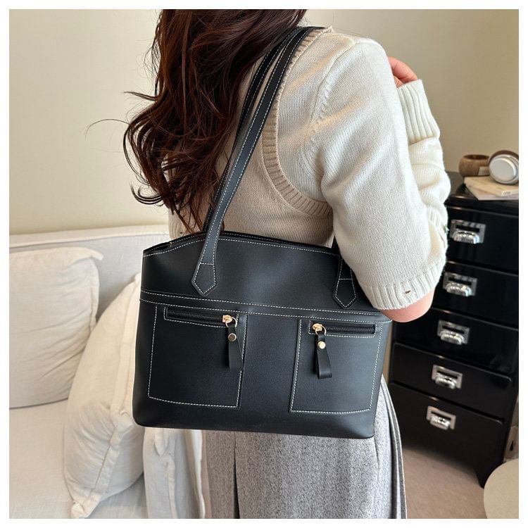 Faux Leather Contrast Stitched Shoulder Bag