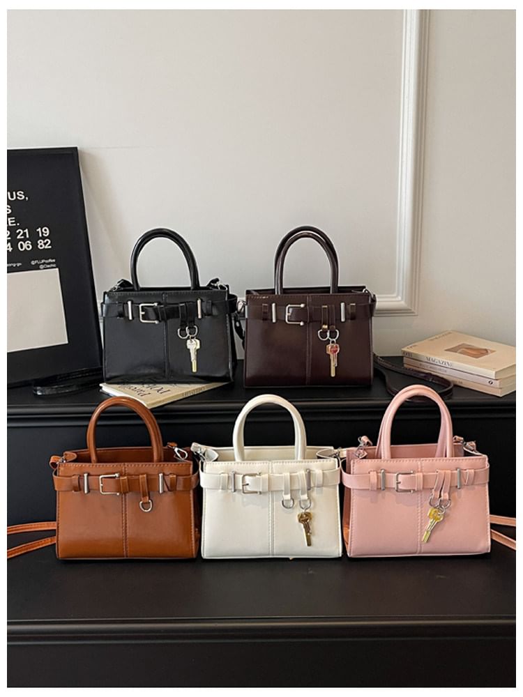 Faux Leather Buckled Top Handle Crossbody Bag