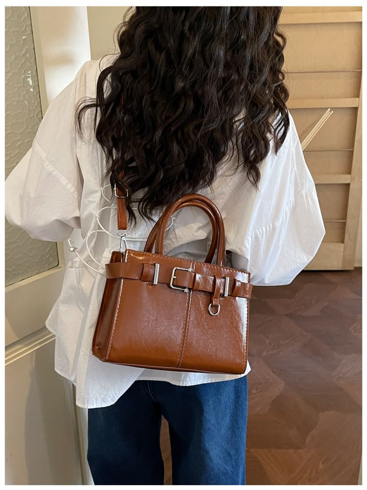 Faux Leather Buckled Top Handle Crossbody Bag