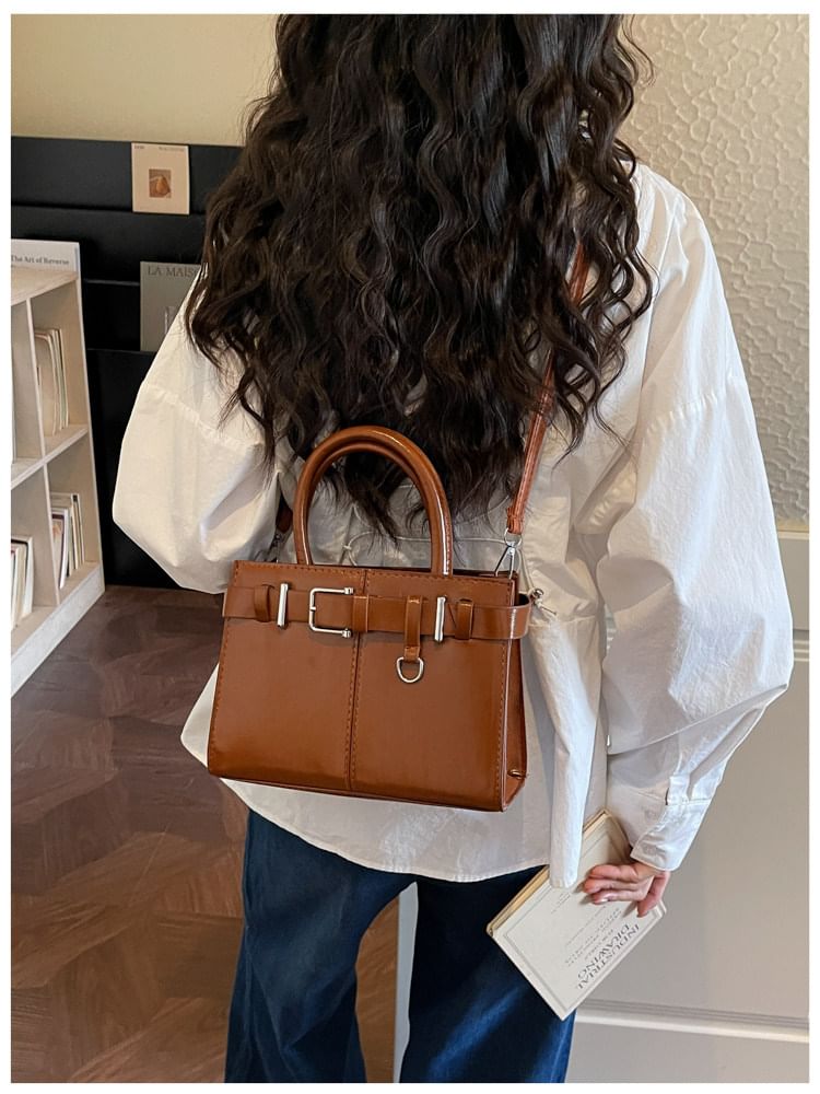 Faux Leather Buckled Top Handle Crossbody Bag