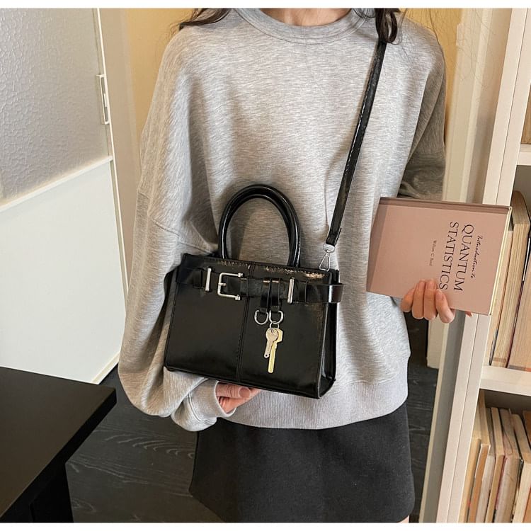 Faux Leather Buckled Top Handle Crossbody Bag