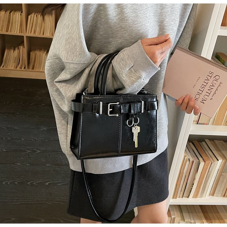 Faux Leather Buckled Top Handle Crossbody Bag