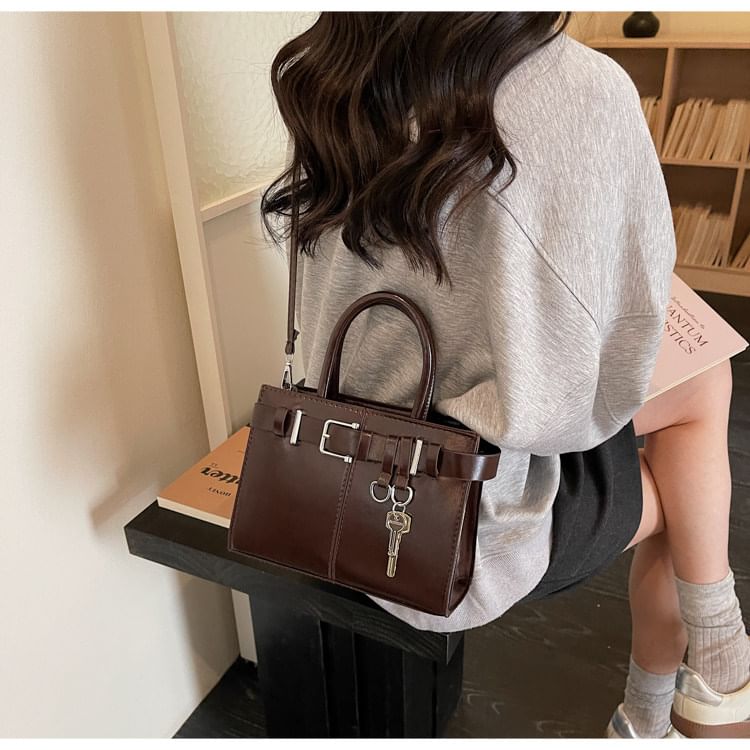 Faux Leather Buckled Top Handle Crossbody Bag