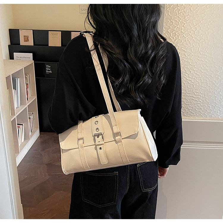 Faux Leather Buckled Flap Shoulder Bag